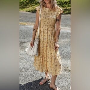 Sweet Wanderer Maxi Dress Yellow Floral Smocked Ruffle  XL Boho Coastal